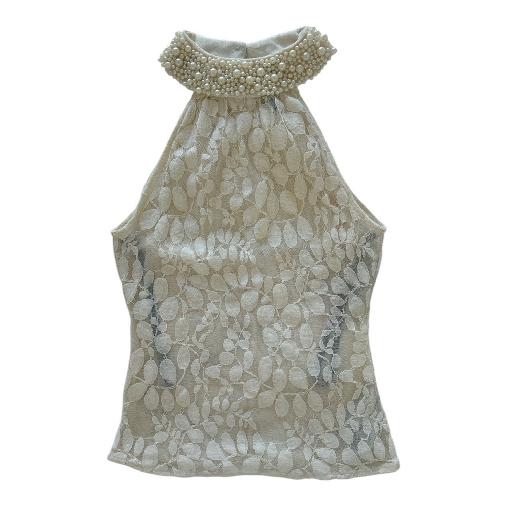 Lace blouse, size xs, full pearl collar, beige color.
